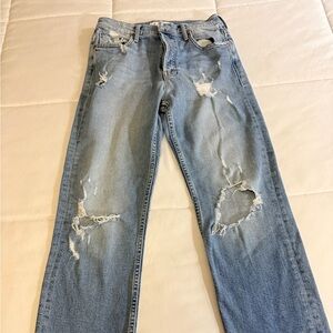 MOTHER Distressed Light Blue Straight Jeans